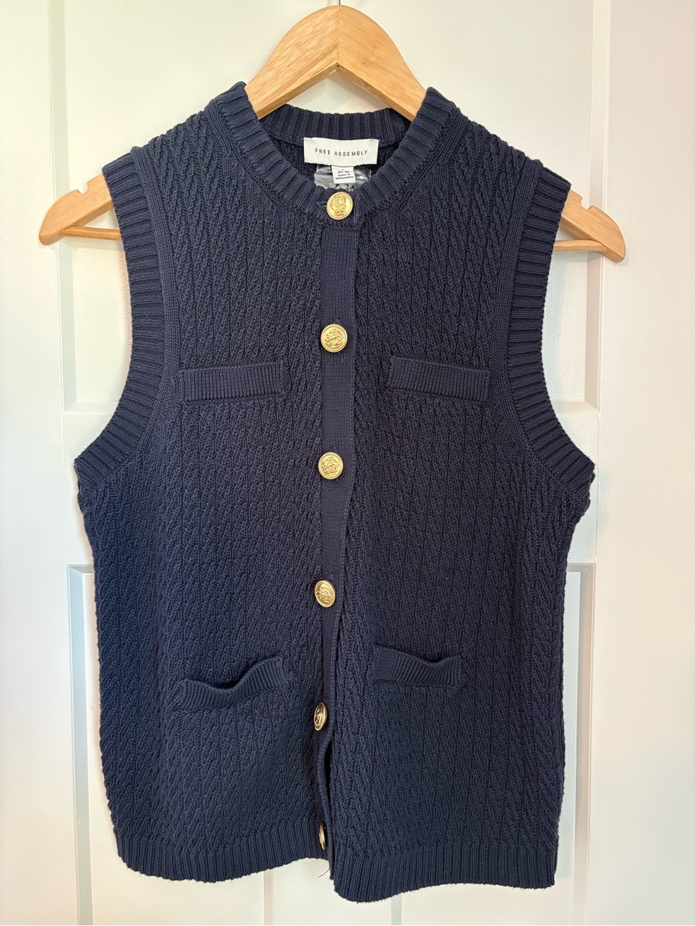 Free Assembly Navy Cable-Knit Sleeveless Cardigan with Gold Buttons